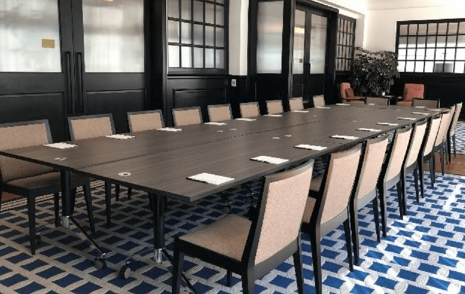 Conference room in a Newport, RI hotel with a long rectangular table, several chairs, and a patterned blue carpet, featuring large windows and indoor plants.